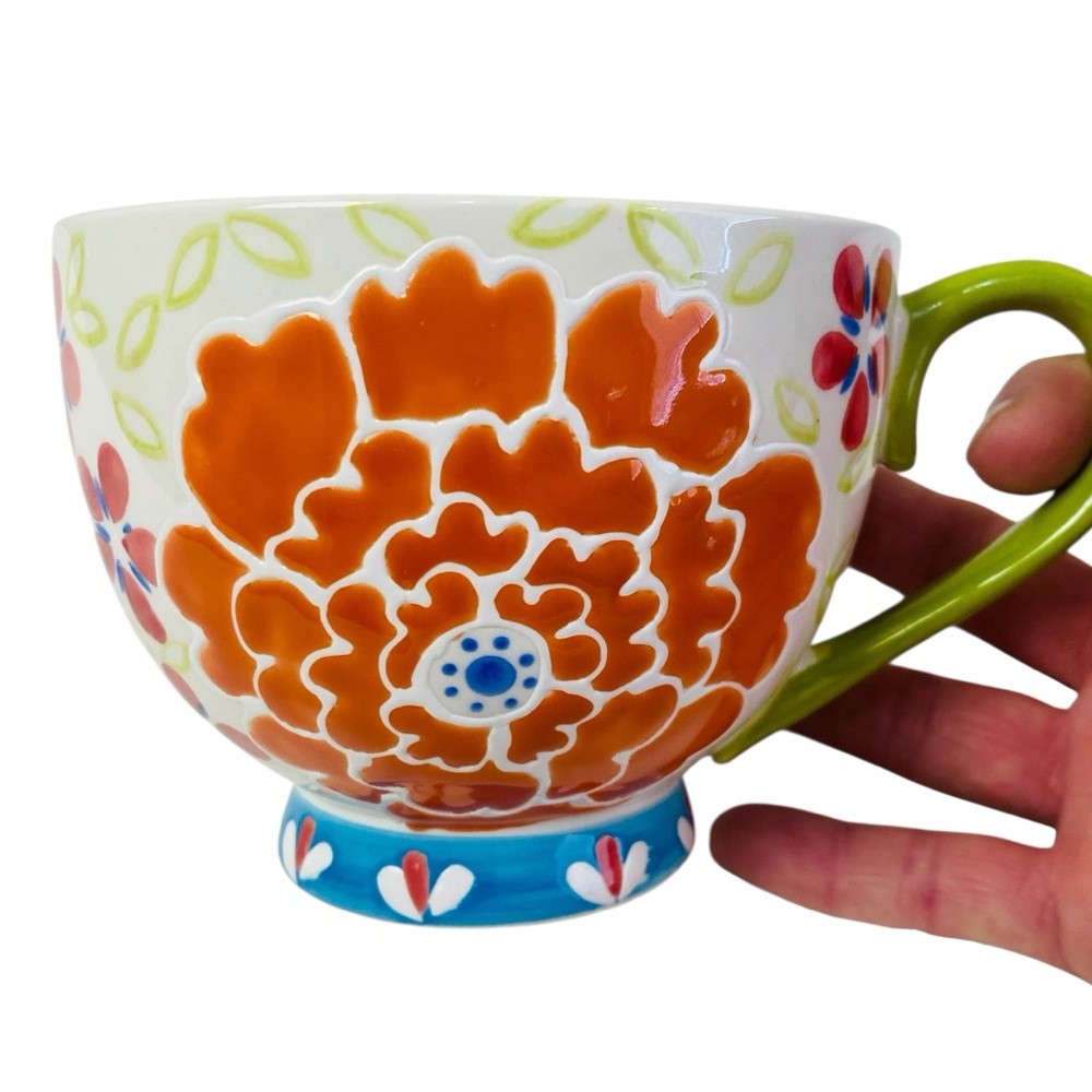 Dutch Wax Hand Painted Embossed Floral Ceramic Mug 16oz